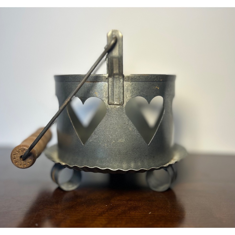 Vintage Galvanized Metal Heart Cutout Candle Holder Rustic Primitive Wood Handle